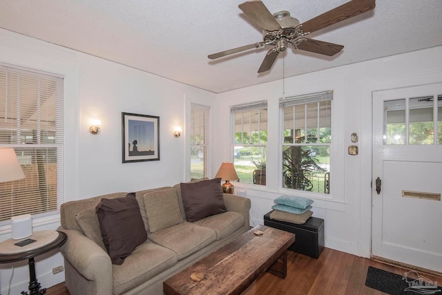 living room with ceiling fan, a textured ceiling, and hardwood / wood-style floors