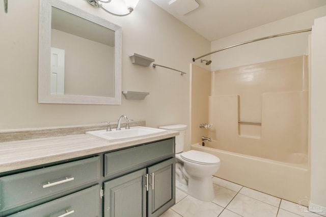 bathroom with tub / shower combination, tile patterned flooring, vanity, and toilet