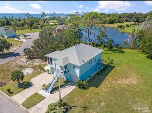 aerial view featuring a water view