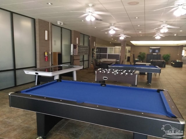 playroom with ceiling fan, billiards, and tile patterned floors