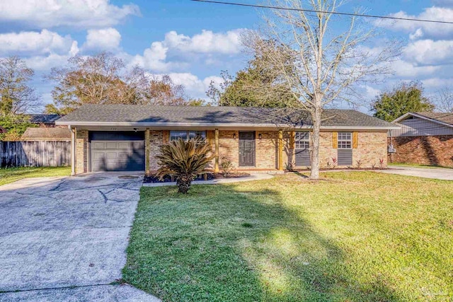 ranch-style home featuring brick siding, an attached garage, fence, a front yard, and driveway