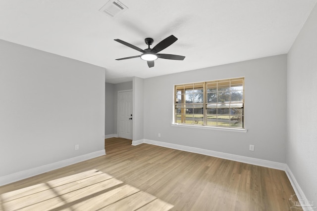 unfurnished room with visible vents, ceiling fan, baseboards, and light wood-style floors