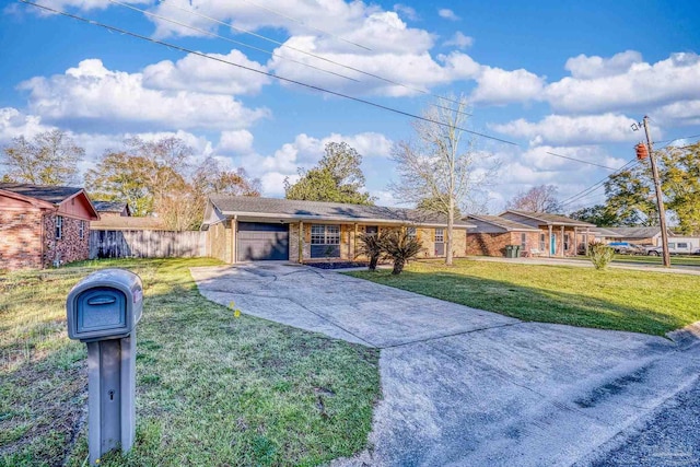 single story home featuring brick siding, fence, concrete driveway, a front yard, and a garage