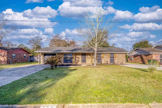 ranch-style house with concrete driveway, brick siding, and a front lawn