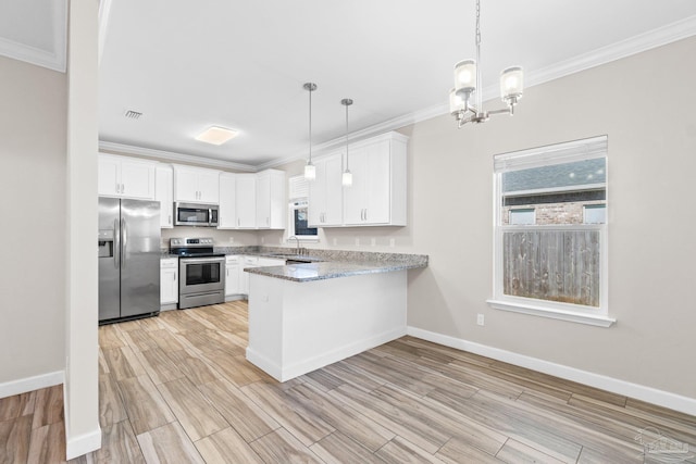 kitchen with white cabinets, kitchen peninsula, stainless steel appliances, and hanging light fixtures