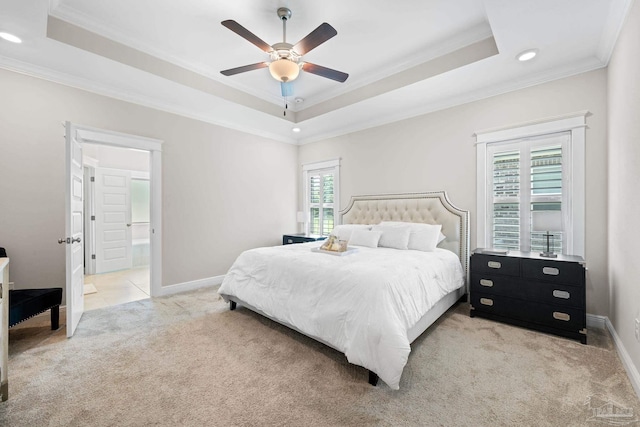 1604 Cadence Loop, Cantonment, FL 32533 - bedroom with light carpet, a tray ceiling, ornamental molding, recessed lighting, and baseboards