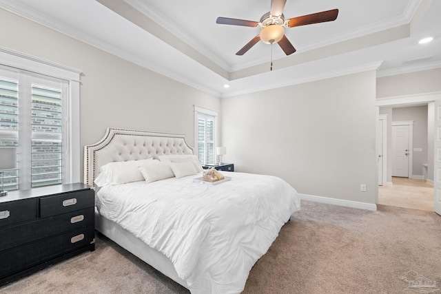 1604 Cadence Loop, Cantonment, FL 32533 - bedroom with a raised ceiling, light colored carpet, recessed lighting, baseboards, and crown molding
