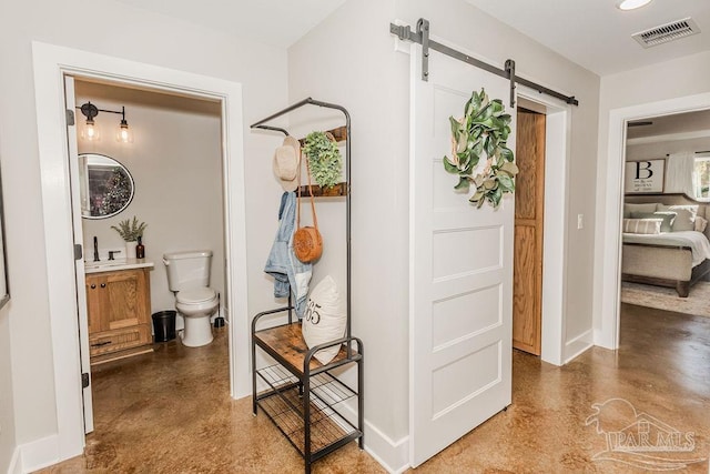 hall with a barn door and sink