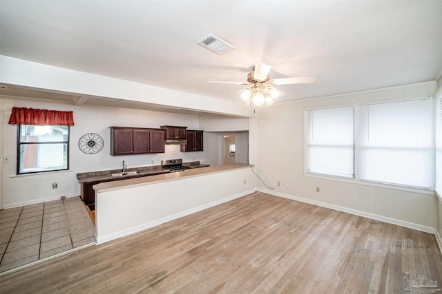 kitchen featuring kitchen peninsula, ceiling fan, sink, light hardwood / wood-style flooring, and stainless steel stove