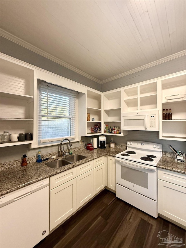 kitchen with white appliances, a sink, ornamental molding, dark wood-style floors, and open shelves