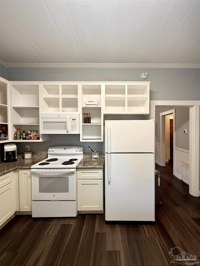 kitchen with dark wood-style floors, crown molding, open shelves, dark stone counters, and white appliances