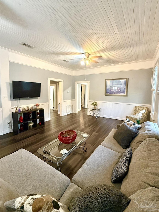 living area featuring a wainscoted wall, wood ceiling, wood finished floors, and visible vents