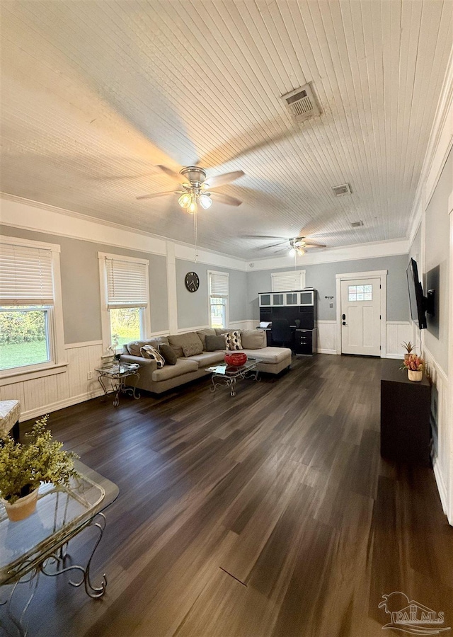 living room featuring visible vents, dark wood finished floors, wainscoting, wood ceiling, and ornamental molding