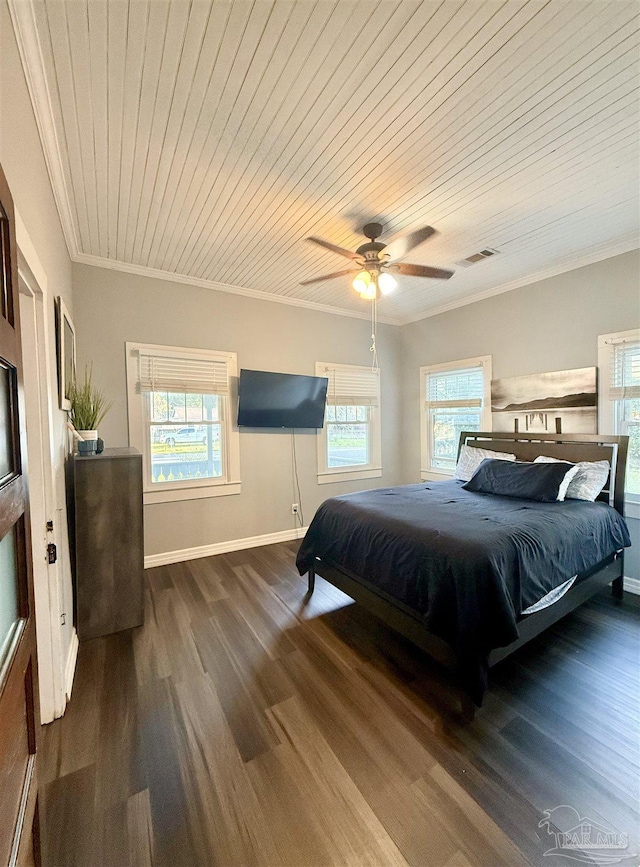 bedroom with wood ceiling, wood finished floors, visible vents, and crown molding