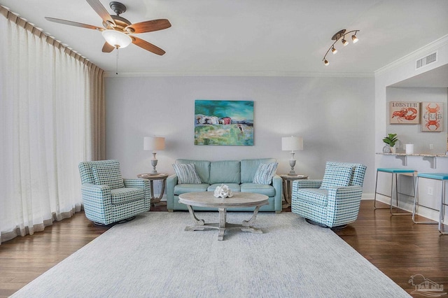 13621 Perdido Key Dr Unit 1504-E, Perdido Key, FL 32507 - living area featuring crown molding, a ceiling fan, wood finished floors, and visible vents