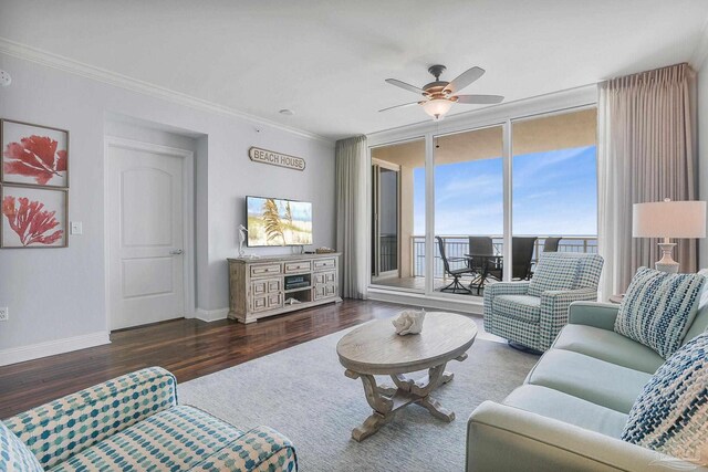 13621 Perdido Key Dr Unit 1504-E, Perdido Key, FL 32507 - living room with crown molding, wood finished floors, baseboards, ceiling fan, and floor to ceiling windows