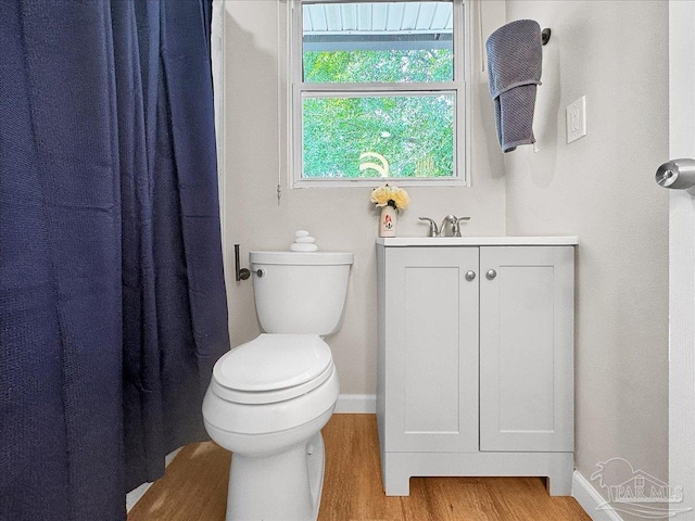 202 Henry St, Pensacola, FL 32507 - full bathroom featuring baseboards, wood finished floors, toilet, a shower with shower curtain, and vanity