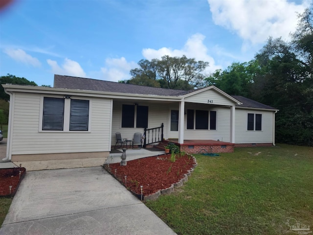 single story home featuring crawl space, covered porch, a front lawn, and roof with shingles