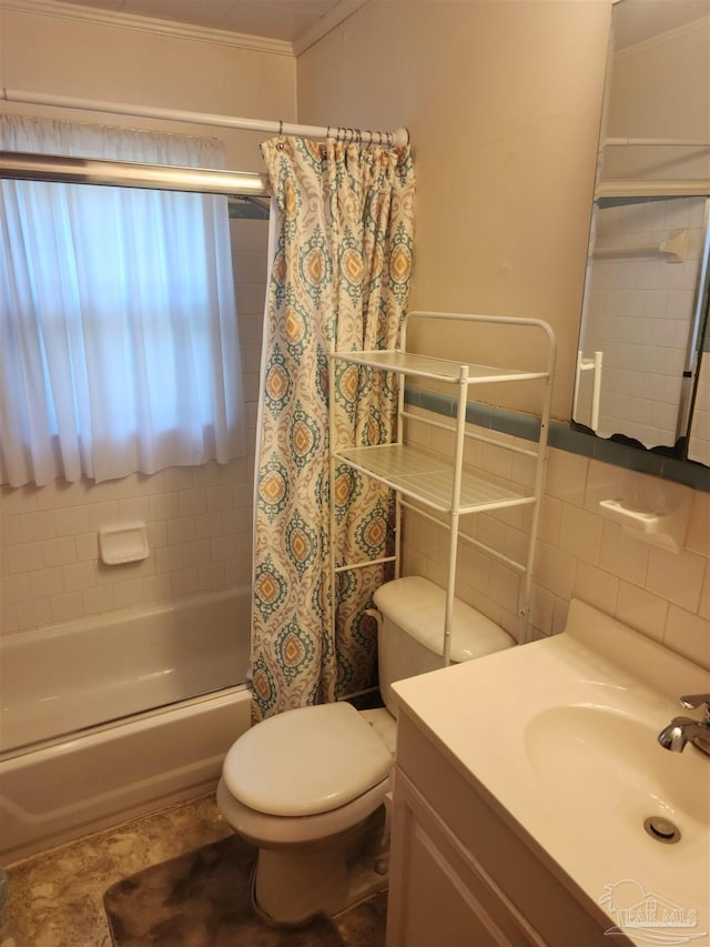 full bathroom with toilet, decorative backsplash, shower / bath combo, ornamental molding, and vanity