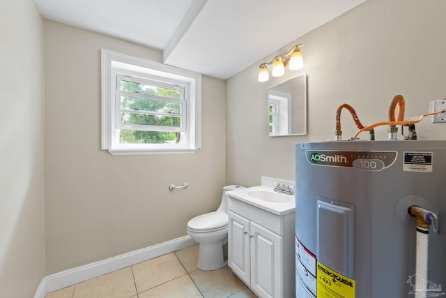 half bathroom with baseboards, toilet, vanity, electric water heater, and tile patterned flooring