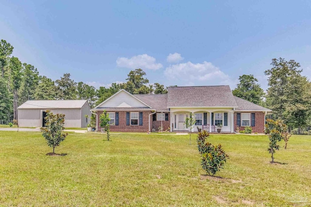 single story home featuring a front yard and covered porch