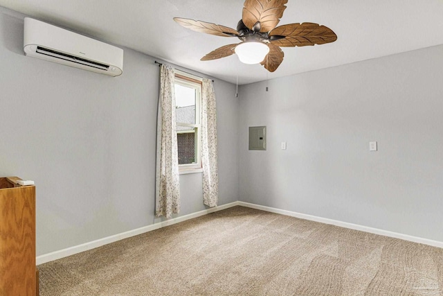 spare room featuring electric panel, an AC wall unit, ceiling fan, and carpet flooring