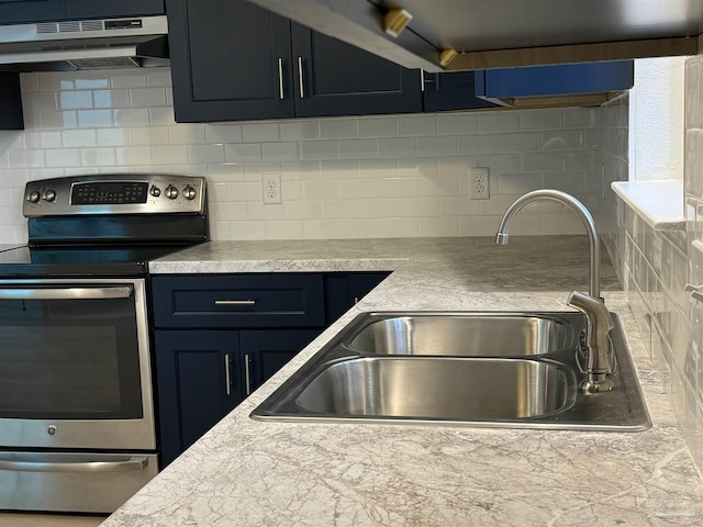 kitchen featuring decorative backsplash, range hood, stainless steel electric range, and sink