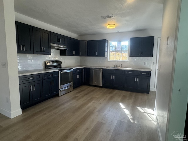 kitchen featuring decorative backsplash, sink, stainless steel appliances, and light wood-type flooring