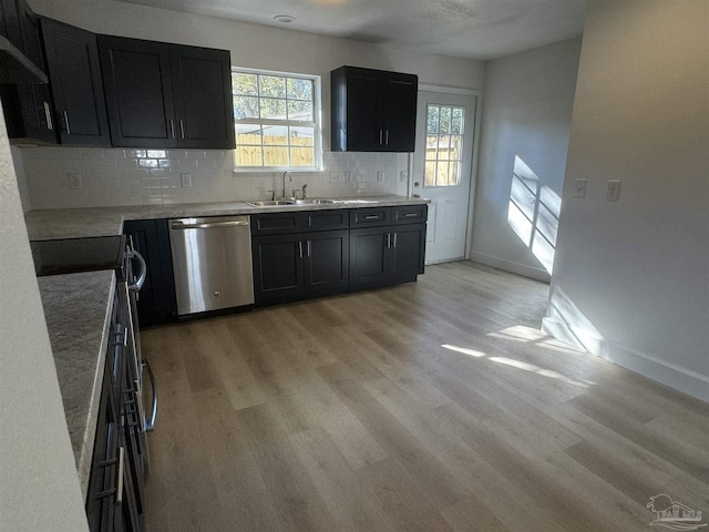 kitchen with light hardwood / wood-style floors, stainless steel dishwasher, tasteful backsplash, and sink