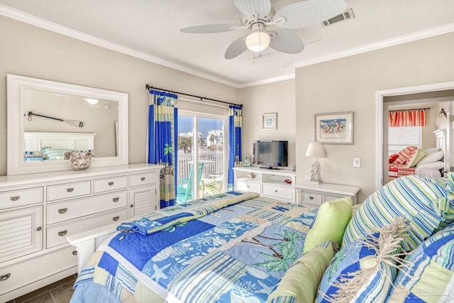 bedroom featuring visible vents, dark tile patterned floors, access to exterior, crown molding, and ceiling fan