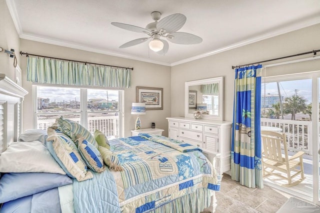 bedroom with ceiling fan, access to exterior, and ornamental molding