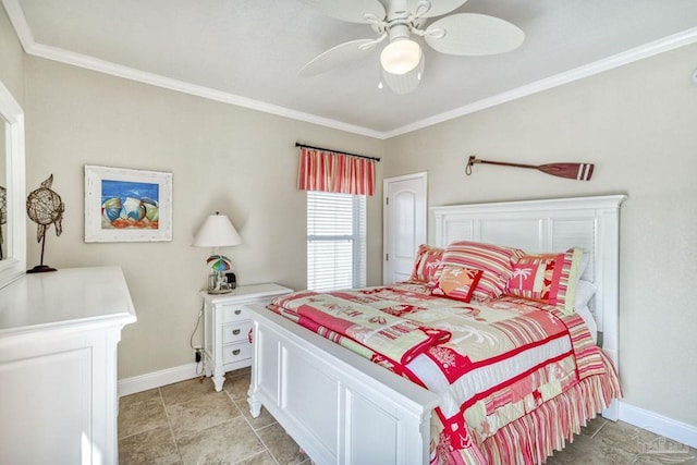 bedroom with crown molding, a ceiling fan, and baseboards