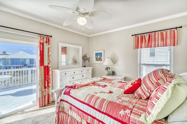 bedroom featuring access to exterior, multiple windows, crown molding, and ceiling fan