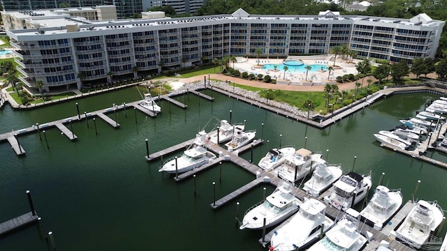 drone / aerial view featuring a water view