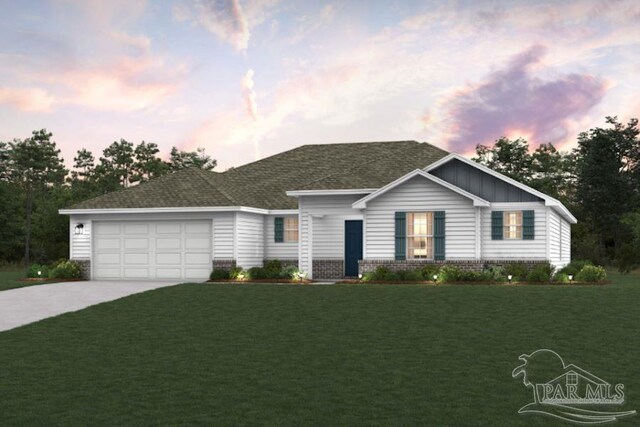 9132 Three Hollow Rd, Jay, FL 32565 - ranch-style house with board and batten siding, a garage, a front lawn, and concrete driveway