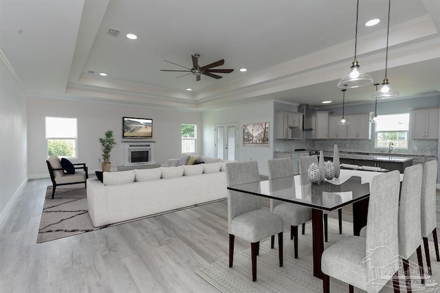 dining space with a tray ceiling, light hardwood / wood-style flooring, and a healthy amount of sunlight