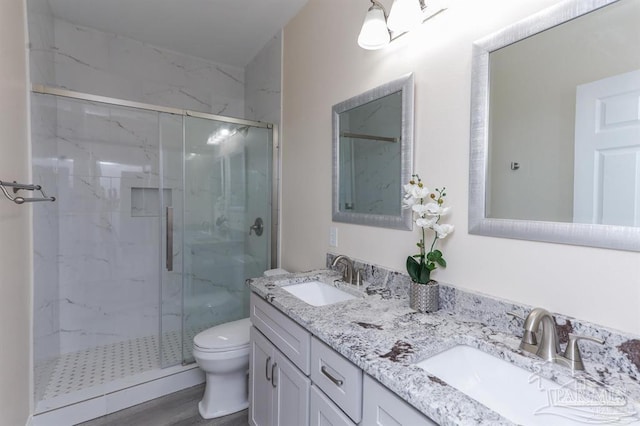 bathroom featuring wood-type flooring, vanity, toilet, and a shower with shower door