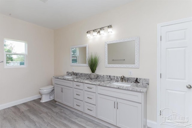 bathroom featuring vanity, wood-type flooring, and toilet