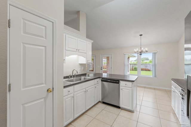 kitchen with a sink, a peninsula, white cabinets, stainless steel dishwasher, and dark countertops