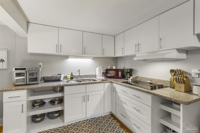 kitchen featuring sink, light stone counters, white cabinets, and black electric cooktop