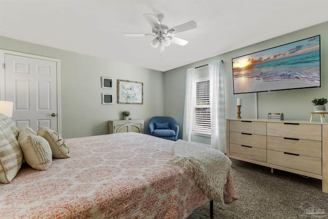 bedroom with ceiling fan and carpet flooring