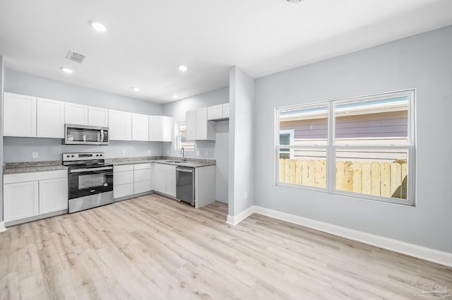 kitchen featuring stainless steel appliances, sink, white cabinets, and light wood-type flooring