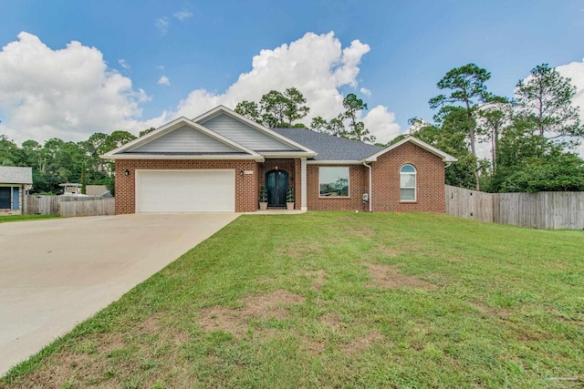 ranch-style house with a front yard and a garage