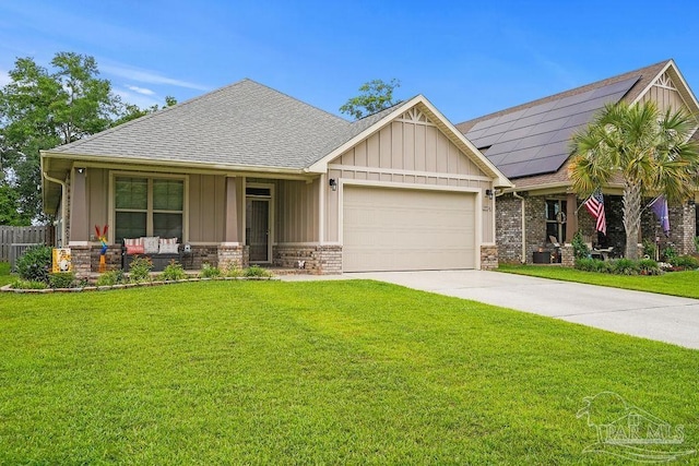 craftsman-style house with covered porch, a garage, roof with shingles, concrete driveway, and board and batten siding