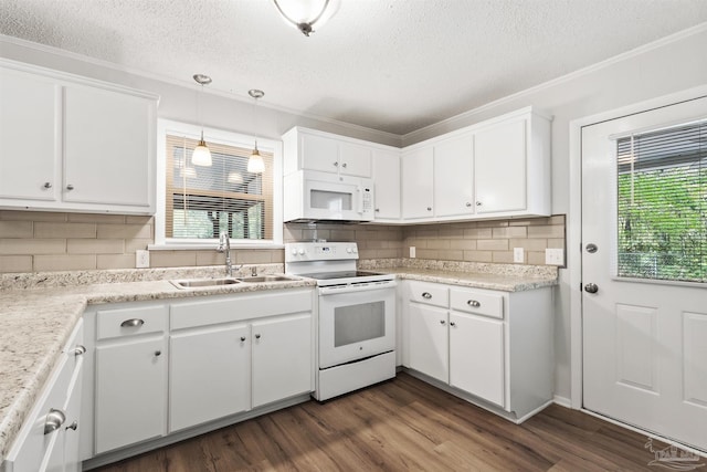 kitchen with white cabinetry, a healthy amount of sunlight, white appliances, a sink, and dark wood-style floors