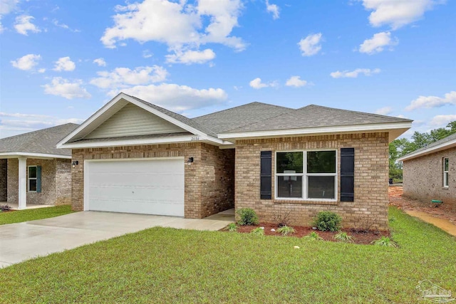 ranch-style house with a front yard and a garage