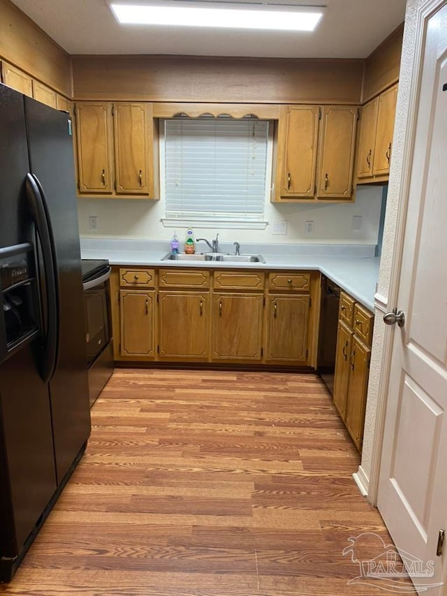 kitchen with light hardwood / wood-style floors, black appliances, and sink