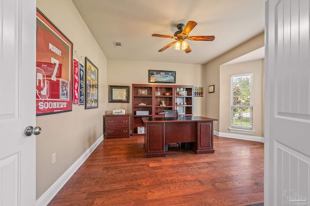8847 Salt Grass Dr, Pensacola, FL 32526 - office space with a ceiling fan, baseboards, visible vents, and dark wood-type flooring