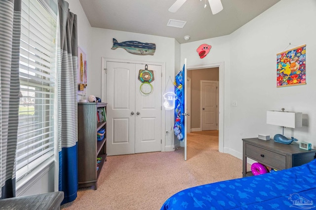 8847 Salt Grass Dr, Pensacola, FL 32526 - carpeted bedroom featuring baseboards, a ceiling fan, a closet, and visible vents
