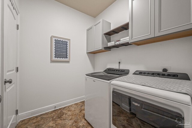 8847 Salt Grass Dr, Pensacola, FL 32526 - laundry area featuring baseboards, cabinet space, and washing machine and clothes dryer